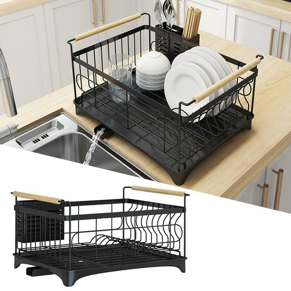 Dish Drying Rack Kitchen Drainer with Cutlery Holder Drip Tray Handles